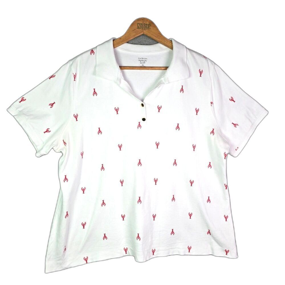 Kim Rogers Polo White Lobster Print XXL Coastal Cotton Casual Top